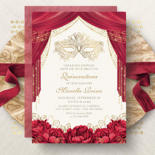 Rode Masquerade Mask Modern Quinceanera Kaart