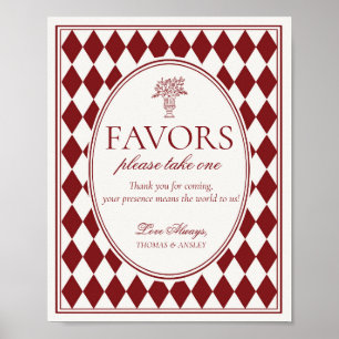 Rode Merlot Harlekijn Geruite Trouwgunst Bord Poster