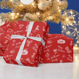 Rode Merry Christmas Hand Getekende Doodle Aangepa Cadeaupapier