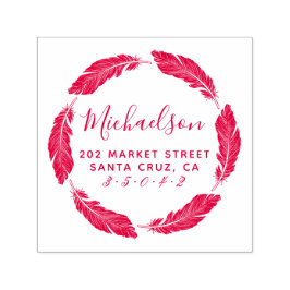 Rode met de hand getekende veer familienaam retour  zelfinktende stempel