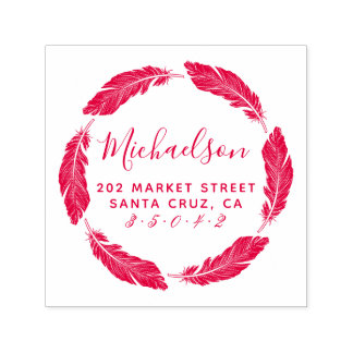 Rode met de hand getekende veer familienaam retour zelfinktende stempel