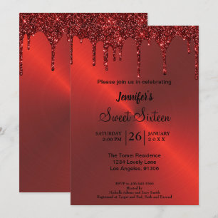 Rode metal glans Sweet Sixteen uitnodiging
