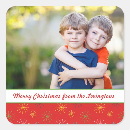 Rode midden eeuw moderne atoomkerst foto vierkante sticker (Voorkant)