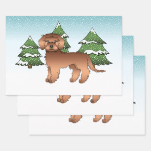 Rode Mini Goldendoodle Hond In Een Winterbos Inpakpapier Vel