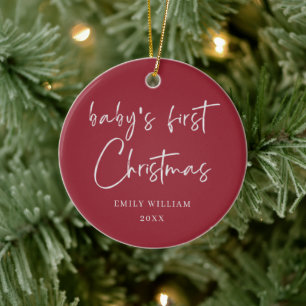 Rode minimale elegante foto Baby's Eerste Kerstmis Keramisch Ornament