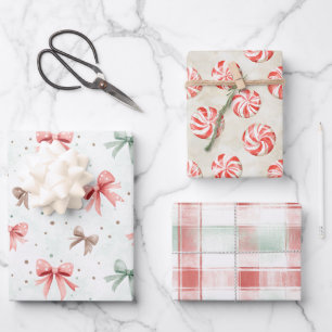 Rode Mint Crème Kerst Bogen Pepermunt Strepen Inpakpapier Vel