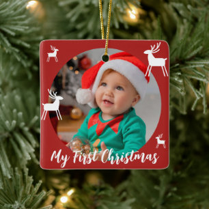 Rode Moderne Baby Eerste Kerstfoto Keramisch Ornament