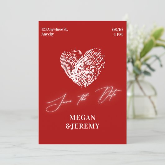 Rode moderne hart vingerafdruk bruiloft save the date (Staand voorkant)