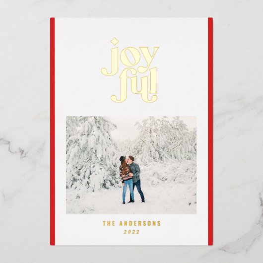 Rode moderne vrolijke 1 foto folie feestdagenkaart (Voorkant)