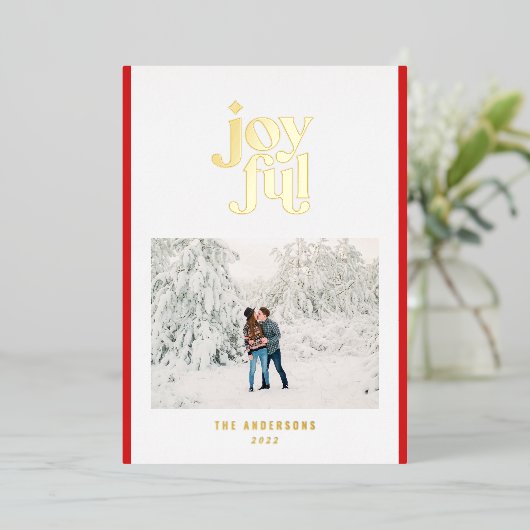 Rode moderne vrolijke 1 foto folie feestdagenkaart (Staand Voorkant)