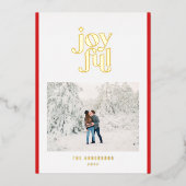 Rode moderne vrolijke kerstkaart met 1 foto en fol folie feestdagenkaart (Voorkant)