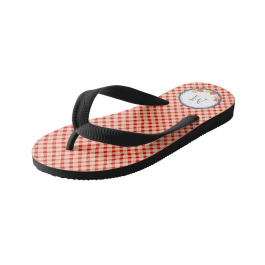 Rode  monogram bloemen kinder teenslippers (Schuin)