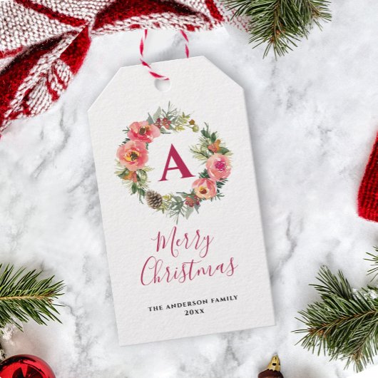 Rode Monogram Roze Krans Groene Kerst Cadeaulabel
