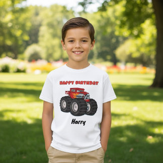 Rode Monster Truck Custom Happy Birthday Naam T-shirt