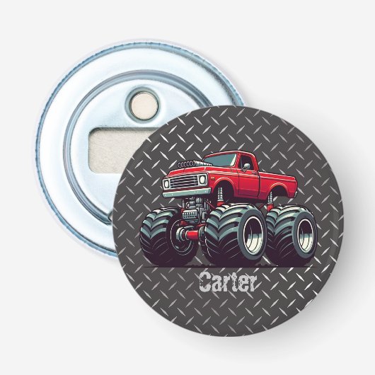 Rode monsterwagen button flesopener (Voorkant)