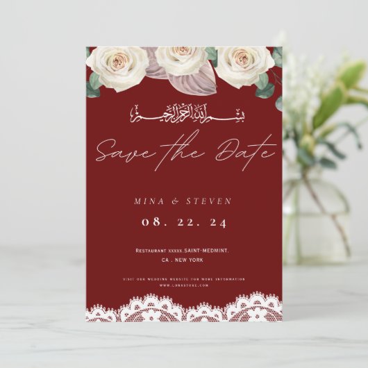 Rode moslim uitnodiging bloem kant save the date (Staand voorkant)