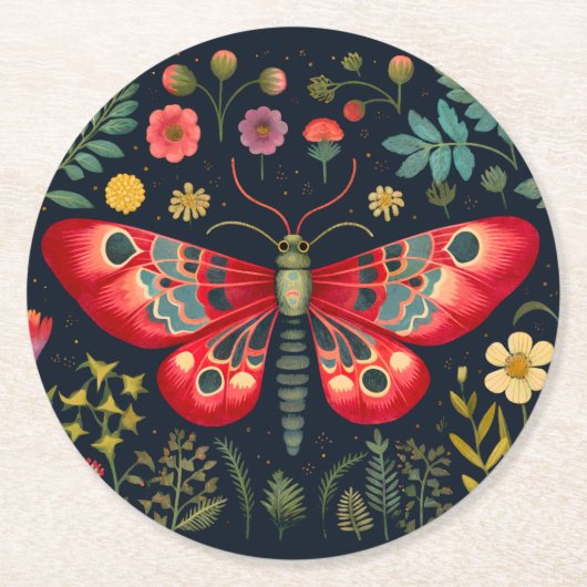 Rode mot in de nachttuin ronde kartonnen onderzetter (Voorkant)