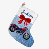 Rode motorfiets en sneeuw met grote kerststop grote kerstsok (Voorkant (Hangend))