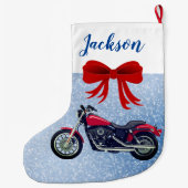 Rode motorfiets en sneeuw met grote kerststop grote kerstsok (Achterkant)