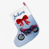 Rode motorfiets en sneeuw met grote kerststop grote kerstsok (Achterkant (Hangend))