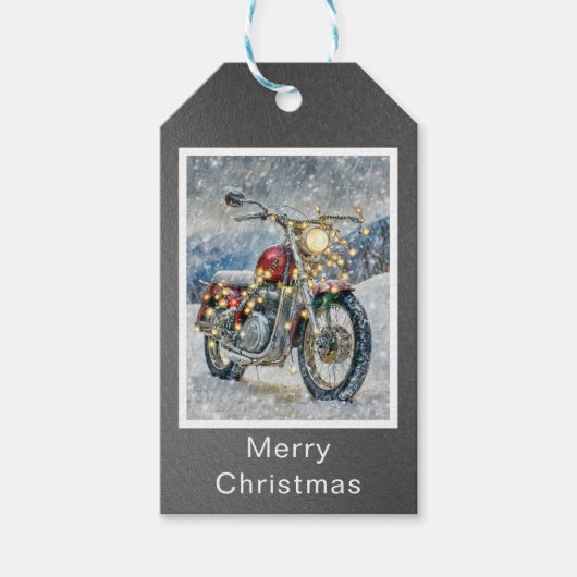 Rode motorfiets met kerstverlichting cadeaulabel (Voorkant)