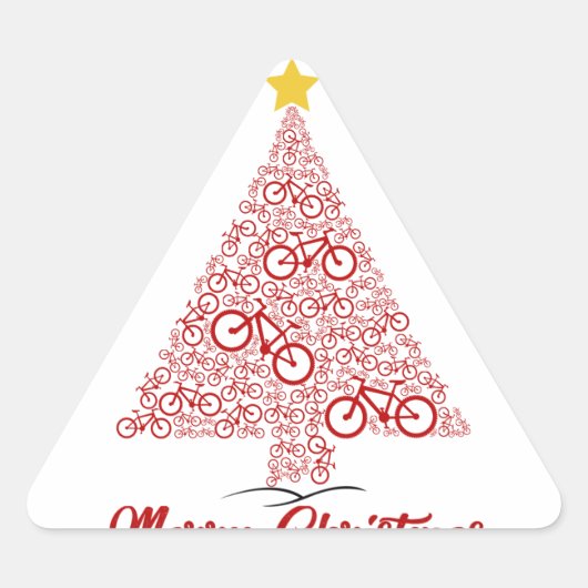 Rode MTB Fiets Kerstboom Vrolijk Kerstfeest Driehoek Sticker (Voorkant)