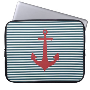 Rode nautische anker op gestreepte blauwe achtergr laptop sleeve