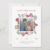 Rode & Navy Winter Berries Foto & QR Code Bruiloft Save The Date (Voorkant)
