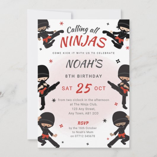 Rode Ninja Verjaardag Uitnodiging - Kom kick it pa (Voorkant)