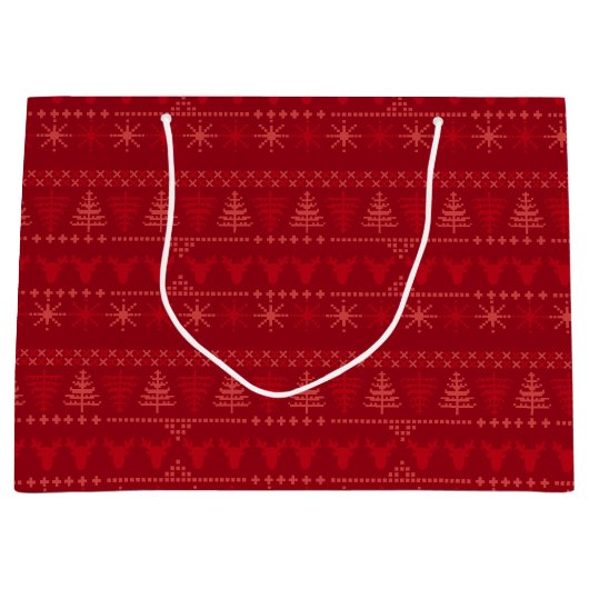 Rode Nordic Pattern Kerstcadeau Tas – Groot Cadeauzakje (Voorkant)