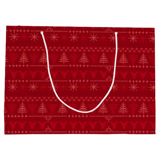 Rode Nordic Pattern Kerstcadeau Tas – Groot Groot Cadeauzakje (Achterkant)