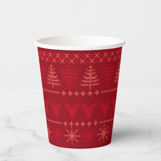 Rode Nordic Sweater Patroon Vakantiepapier Cups Papieren Bekers (Voorkant)