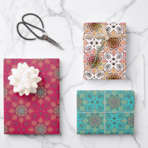 Rode oceaan blauw Sinaasappel mandala bloem batik  Inpakpapier Vel