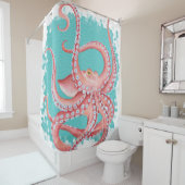Rode octopus Blauwgroen gekleurd glas Douchegordijn (In situ)