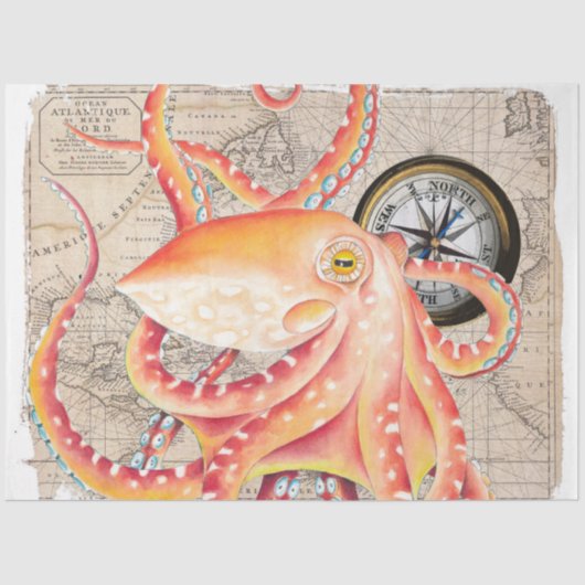 Rode octopus compass beige kaart Nautisch Tissuepapier (Voorkant)