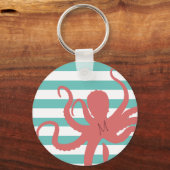 Rode octopus modern strand, wit blauwgroen gestree sleutelhanger (Voorkant)
