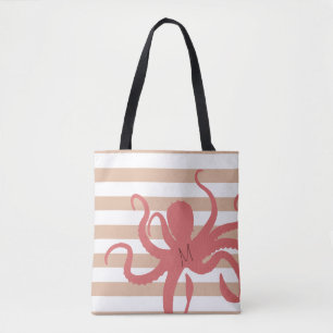 Rode octopus modern strand, wit zand gestript draagtas