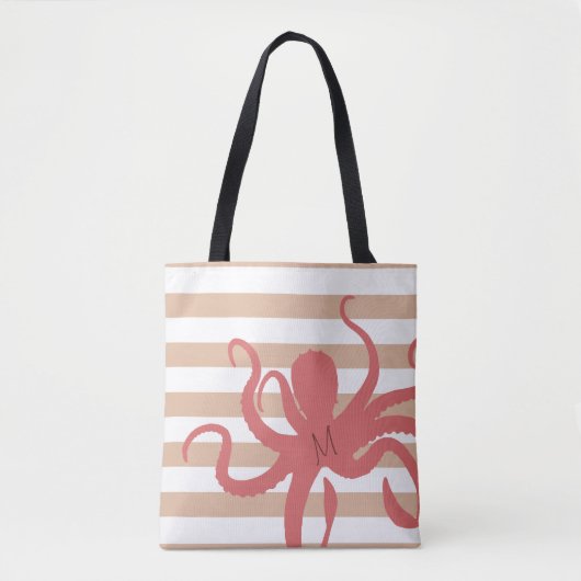 Rode octopus modern strand, wit zand gestript draagtas (Voorkant)