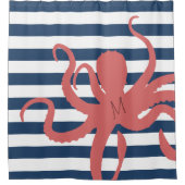 Rode octopus modern strand witte marineblauw gestr douchegordijn (Voorkant)