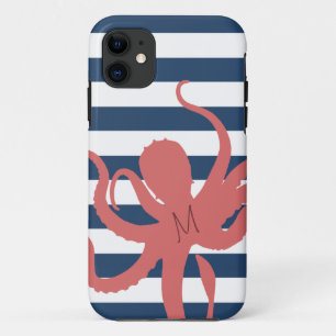 Rode octopus moderne strand wit marineblauw gestre iPhone 11 hoesje