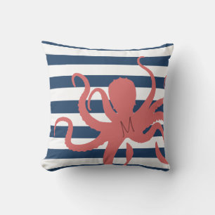 Rode octopus moderne strand witte marineblauwe ges kussen