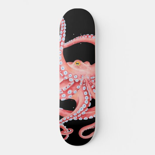 Rode octopus Waterverf op zwart Skateboard (Voorkant)