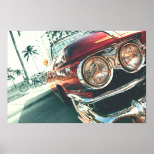 rode oldtimers op het zuidstrand poster