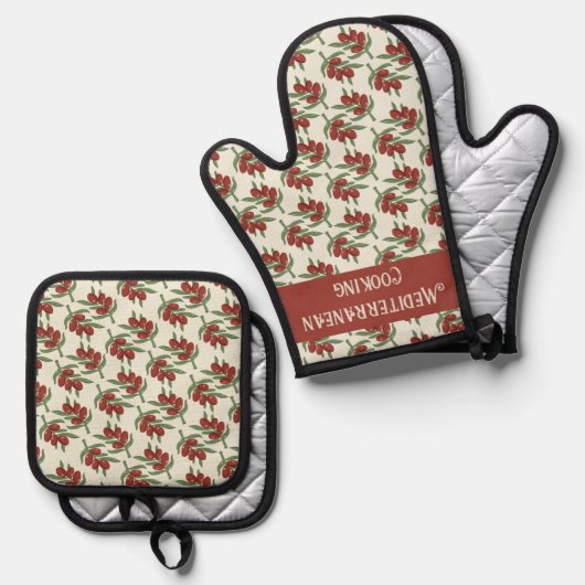 Rode Olijfpatroon Oven Mitt en Pot Houders Set (Voorkant / Achterkant)