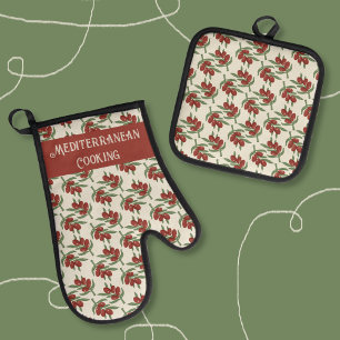 Rode Olijfpatroon Oven Mitt en Pot Houders Set