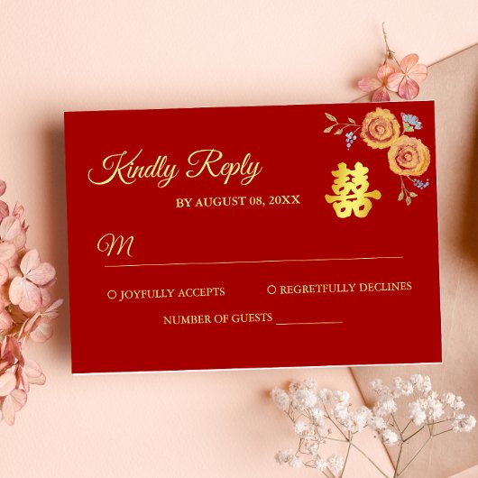 Rode oranje Chinese bruiloft met dubbel geluk RSVP Kaartje