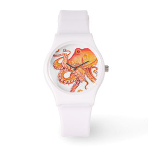 Rode Oranje octopus Waterverf Horloge