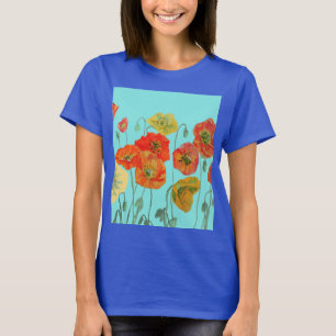Rode Oranje papaverbloem Waterverf Aqua Art Flower T-shirt