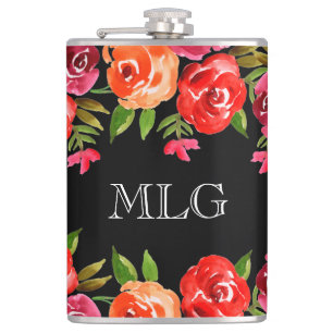 Rode Oranje roze bloemen en bladeren op Black Girl Heupfles