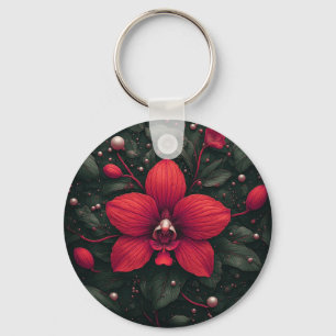 Rode orchidee bloeit met groene bladeren sleutelhanger